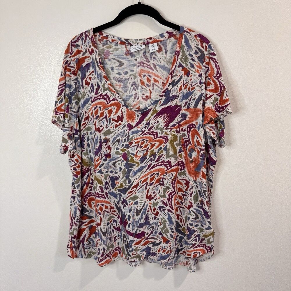 Nicole Miller T-shirt Blouse 1X 100% Linen Colorful Floral Abstract V-neck Artsy